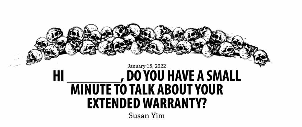 image of the Hobart After Dark logo with piece title, "Hi, do you have a small minute to talk about your extended warranty" by author Susan Yim