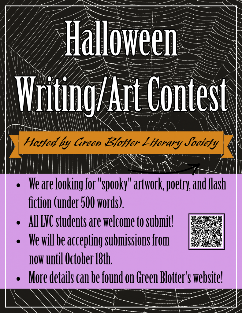 A flyer containing information about an upcoming Halloween writing contest. All information contained on the poster is in the blog post below.